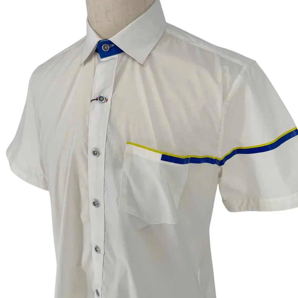 Robert Graham Button Front Short Sleeve Shirt White Sporty Technical Stripe  M